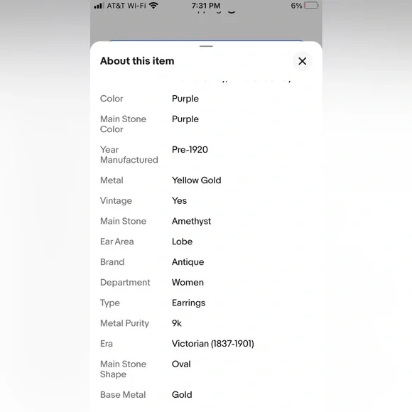 Antique Gold and Purple amethyst Drop dormeuse pierced Earrings - Picture 7 of 7